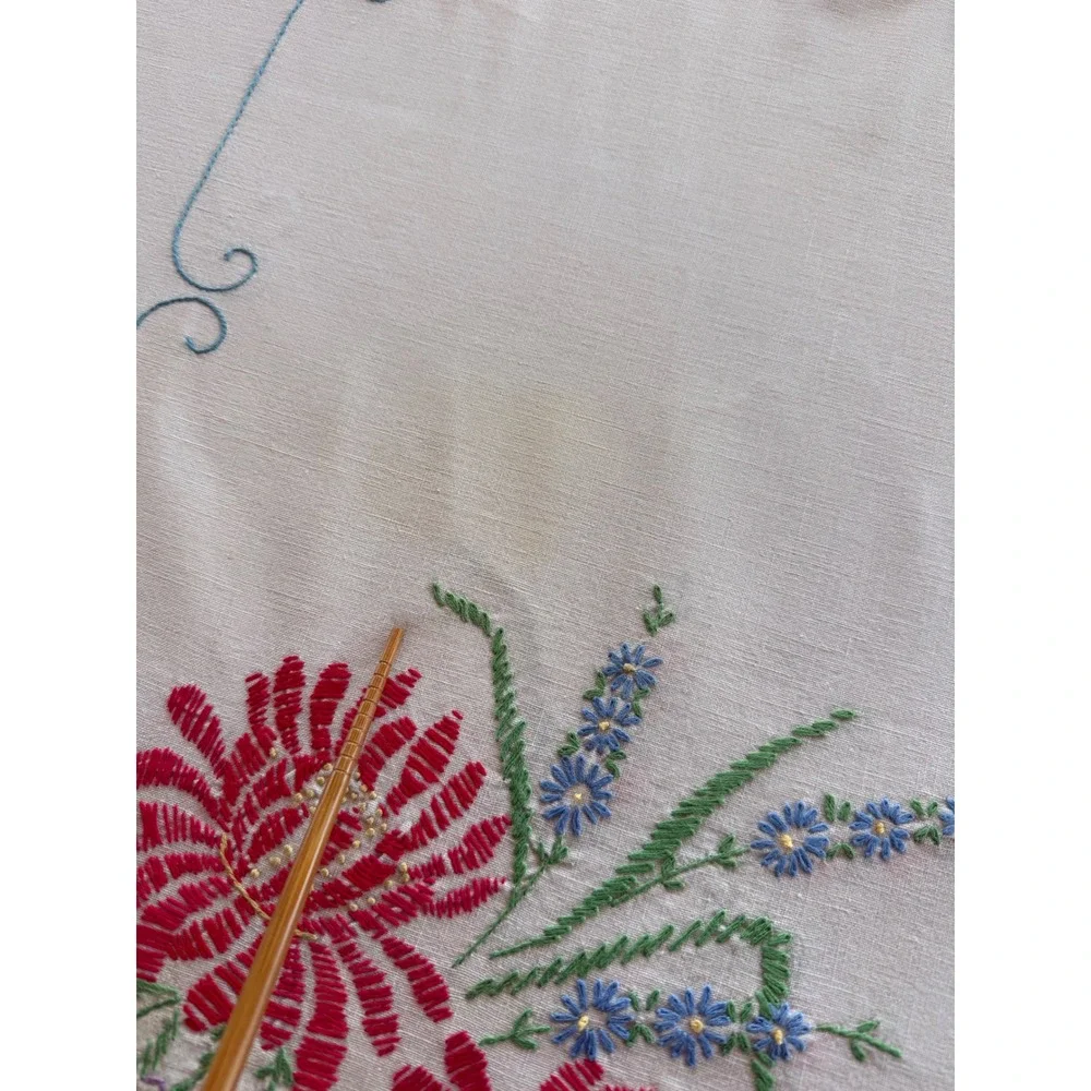 Vintage Embroidered Tablecloth Floral Baskets Fringed 42x50 Cottagecore Folk Art